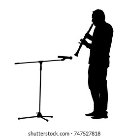 Silhouette of a man playing on Oboe. Microphone on the rack. Vector illustration.