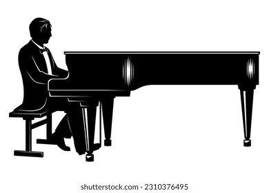 Silhouette of man playing on a piano. Vector clipart isolated on white.