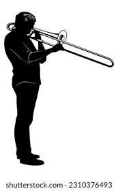 Silhouette of man playing on a trombone. Vector clipart isolated on white.