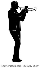 Silhouette of man playing on a trumpet. Vector clipart isolated on white.