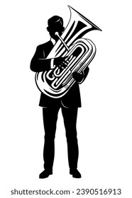 Silhouette of man playing on a tuba. Vector clipart isolated on white.