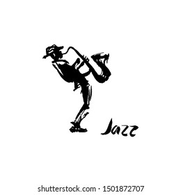 A silhouette of a man playing the saxophone. Ink illustration.