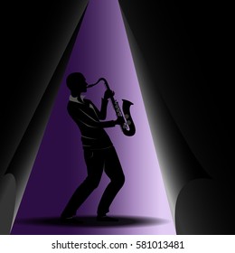 Silhouette man playing saxophone on equalizer background.Concept of recreation,Relaxation,Inspiration. Vector illustration.
