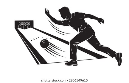 Silhouette of man playing ten pin bowling throwing heavy ball down wooden lane towards set of pins isolated on white background action pose recreational sport activity.