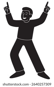 Silhouette of a man pointing both index fingers upward in a victory dance
