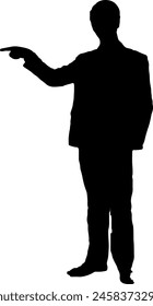  Silhouette of a man pointing his finger at the ground.