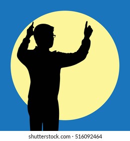 Silhouette man pointing his hand with super full moon background