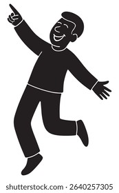 Silhouette of a man pointing to the sky with a happy bounce in posture