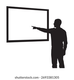 A silhouette of a man pointing towards a large, empty rectangular screen or board, suggesting a presentation, explanation, or a call to attention.