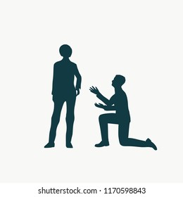 Silhouette of man in prayer pose. Man asking woman to marry him.