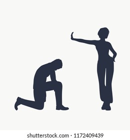 Silhouette of man in prayer pose. Man asking woman to marry or forgive him. A young woman holding her hand in front to show stop gesture