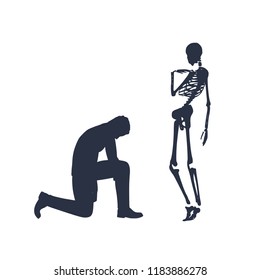Silhouette of man in prayer pose. Man asking skeleton to forgive him.