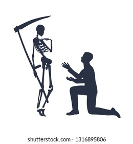 Silhouette of man in prayer pose. Man asking skeleton to forgive him. Grim reaper