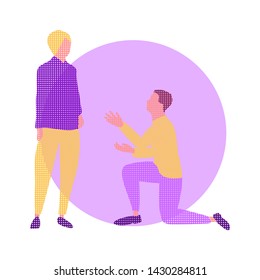 Silhouette of man in prayer pose. Man asking woman to marry him. Flat cartoon colorful vector illustration.