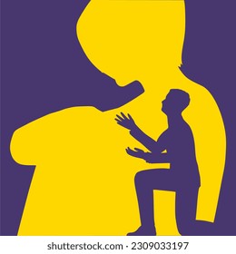 Silhouette of man in prayer pose. Man asking woman to marry or forgive him. Couple relationships