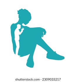 Silhouette of man in prayer pose. Man asking woman to marry or forgive him. Couple relationships