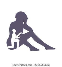 Silhouette of man in prayer pose. Man asking woman to marry or forgive him. Couple relationships