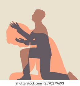 Silhouette of man in prayer pose. Man asking woman to marry or forgive him. Couple relationships