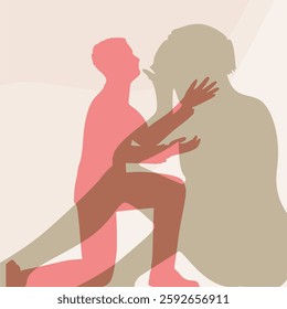 Silhouette of man in prayer pose. Man asking woman to marry or forgive him. Couple relationships