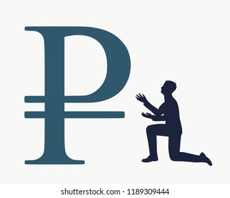 Silhouette of man in prayer pose. Man and symbol of ruble currency.