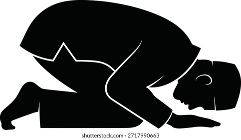 Silueta del hombre rezando, con las manos presionadas, inclinándose. Tocar el suelo con la frente y las rodillas, gesto de respeto y fe en la oración islámica.