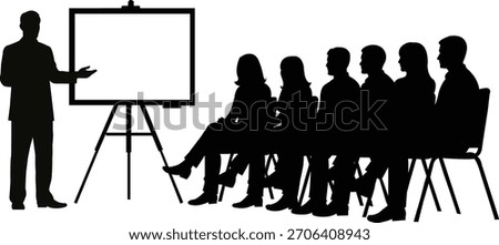 Silhouette of a man presenting to an audience seated in chairs Keywords: presentation, meeting, audience, speaker, lecture, seminar, conference, business
