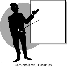 a silhouette man presenting front of the blank chart table. presentation icon cartoon style vector illustration