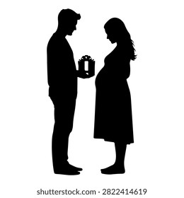 Silhouette of a man presenting a gift box to a pregnant woman, symbolizing love, anticipation, and celebration of upcoming parenthood.