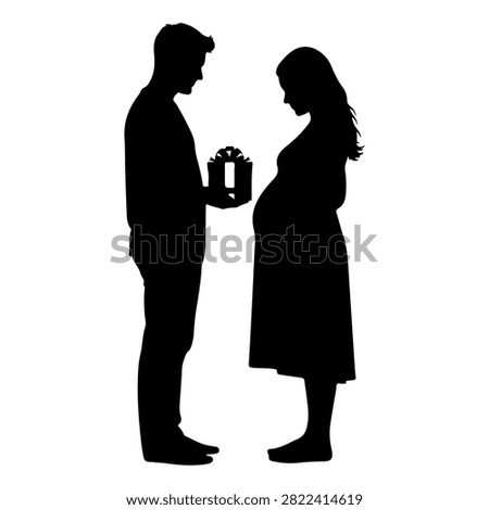 Silhouette of a man presenting a gift box to a pregnant woman, symbolizing love, anticipation, and celebration of upcoming parenthood.