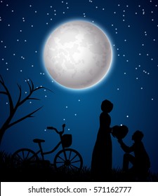 Silhouette of a man presenting a heart on his knee to a beautiful woman under the moonlight.Vector illustration