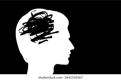 Silhueta de um perfil de homem com rabiscos dentro de sua cabeça, representando o caos mental, criatividade e pensamento abstrato