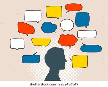 silhouette of a man in profile surrounded by speech bubbles. A lot of thoughts and information around a person, informational noise. Vector illustration
