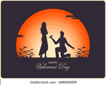 Silhouette Man Propose To His Girlfriend On Evening View Background For Happy Valentine's Day Celebration.