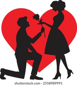 Silhouette of a man proposing with a rose in front of heart