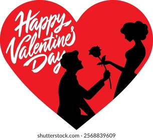 Silhouette of a man proposing with a rose in front of heart