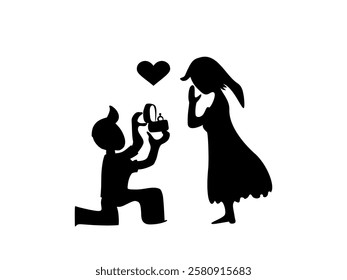 Silhouette of a man proposing to a woman with a ring, symbolizing love, romance, and engagement. Perfect for wedding, Valentine’s Day, and relationship-themed designs. Vector illustration