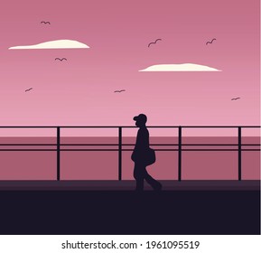 Silhouette man in protective mask walking on the overpass after get off work against sunset sky background in the city.