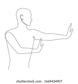 Silhouette eines Mannes in einer schützenden Pose eine Linie auf weißem, isoliertem Hintergrund. Vektorillustration