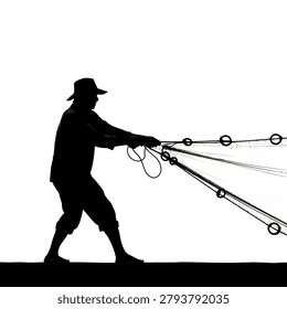 Silhouette of man pulling ropes