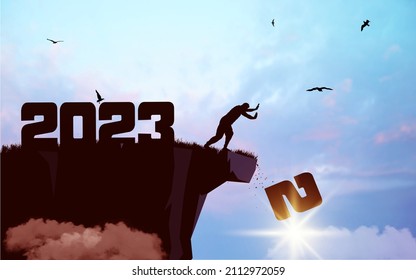 Silhouette man push number two down the cliff where has there are big numbers 2023 with blue sky and sunrise. Vector symbol of starting and welcome Happy New Year 2023. Vector illustration.