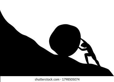 Silhouette of man push stone up to peak hill. Work hard and succeed concept. Vector illustration design.