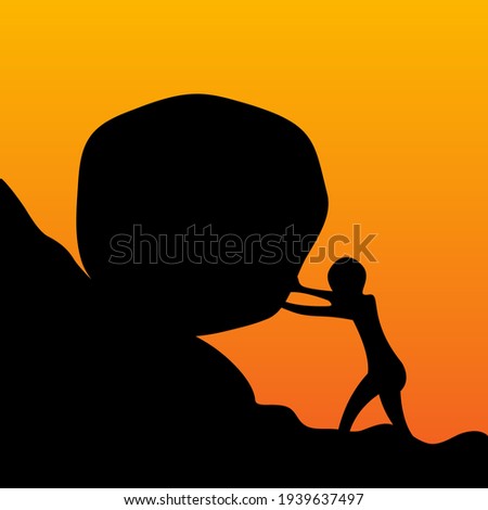 Silhouette of man push stone up to peak hill. Work hard and succeed concept.