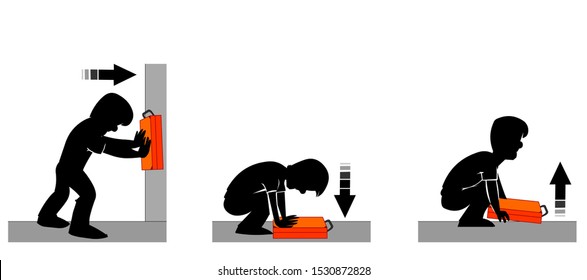 Silhouette man pushes box suitcase, pushing on top, lifting up. Push, suppression, lifting box-shaped bag.  The direction of the applied force with arrows. Education physics vector illustration.