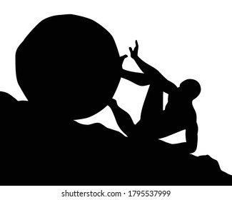 Silhouette of man pushing big boulder uphill on white background. Concept of fatigue, effort, courage.