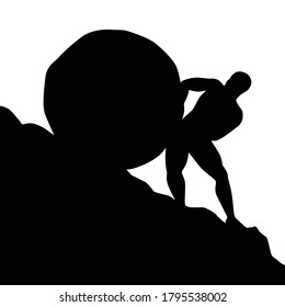 Silhouette of man pushing big boulder uphill on white background. Concept of fatigue, effort, courage.