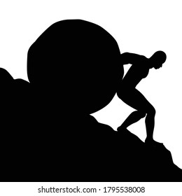 Silhouette Man Pushing Big Boulder Uphill Stock Vector (Royalty Free ...