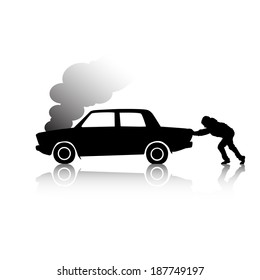 Silhouette Of Man Pushing A Broken Car Steaming