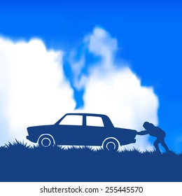 Silhouette of a man pushing a car