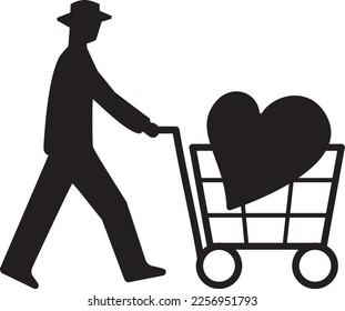 Silhouette of a man pushing a shopping cart with hearts on it