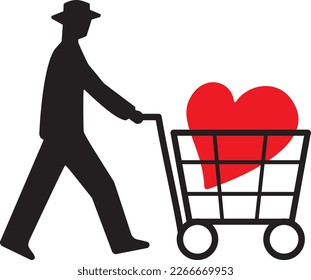 Silhouette of a man pushing a shopping cart with a red heart
